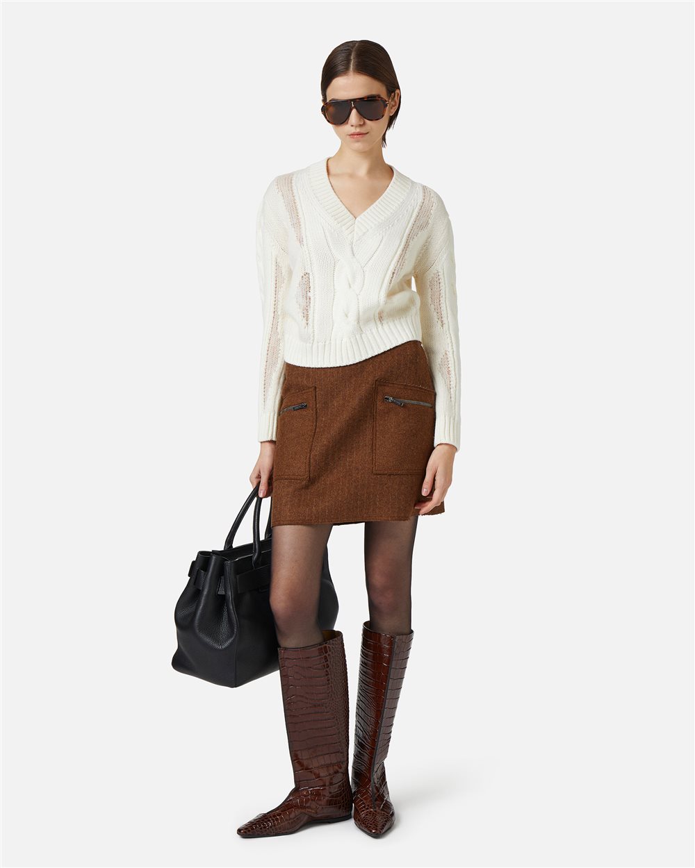 Ecru long-sleeved V-neck sweater in merino wool - Iceberg - Official Website
