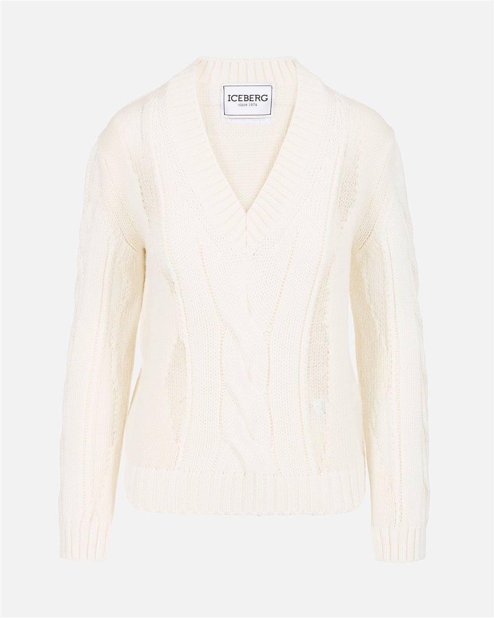 Ecru long-sleeved V-neck sweater in merino wool - Iceberg - Official Website
