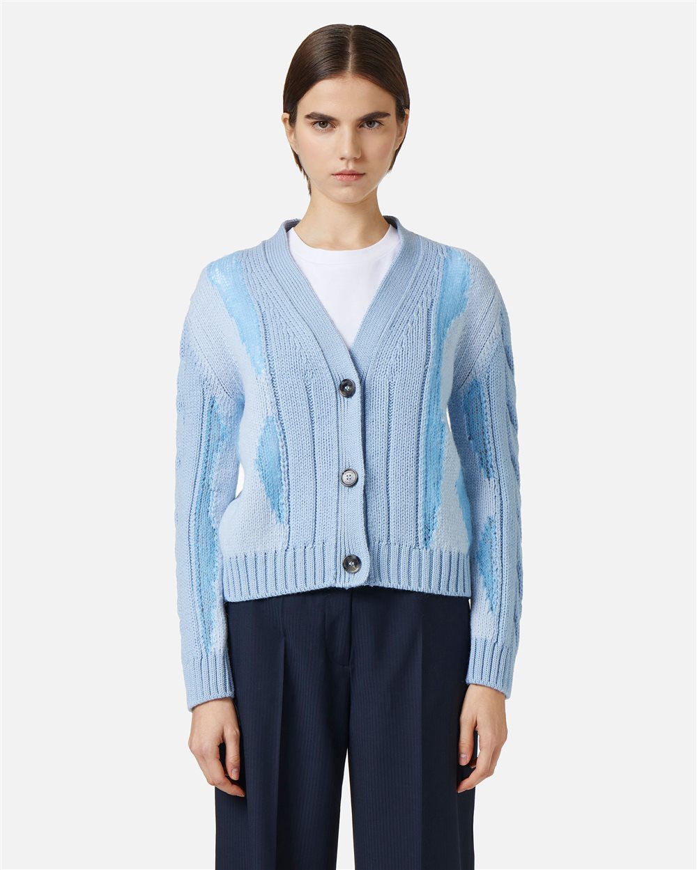 Light blue long-sleeved V-neck sweater in merino wool - Iceberg - Official Website