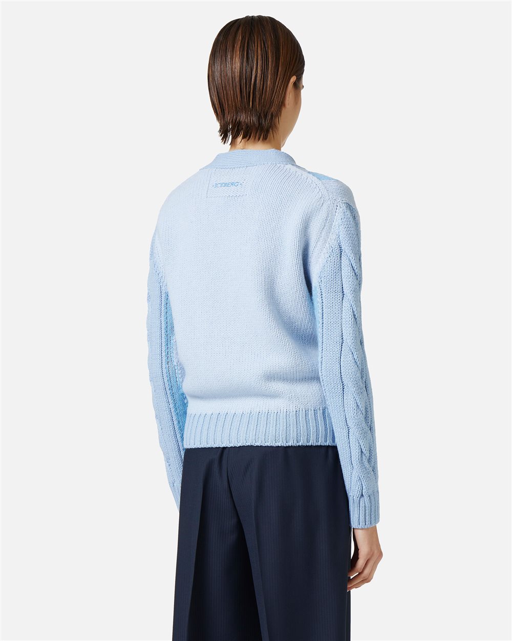 Light blue long-sleeved V-neck sweater in merino wool - Iceberg - Official Website