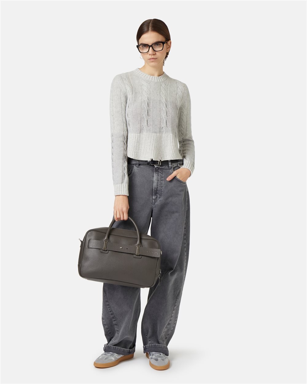 Hellgrau melierter Pullover in verkürzter Passform mit Zopfmuster - Iceberg - Official Website