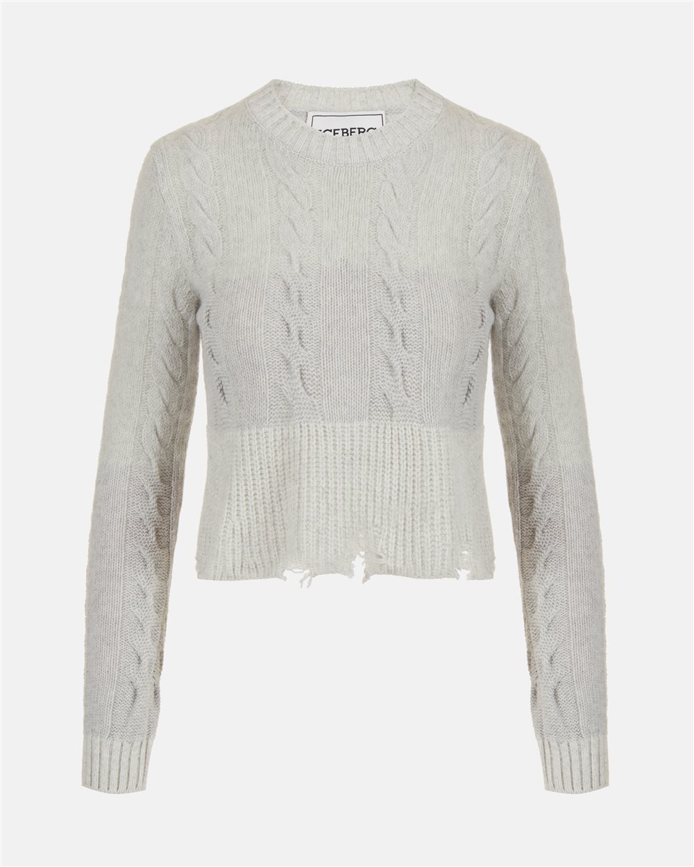 Hellgrau melierter Pullover in verkürzter Passform mit Zopfmuster - Iceberg - Official Website