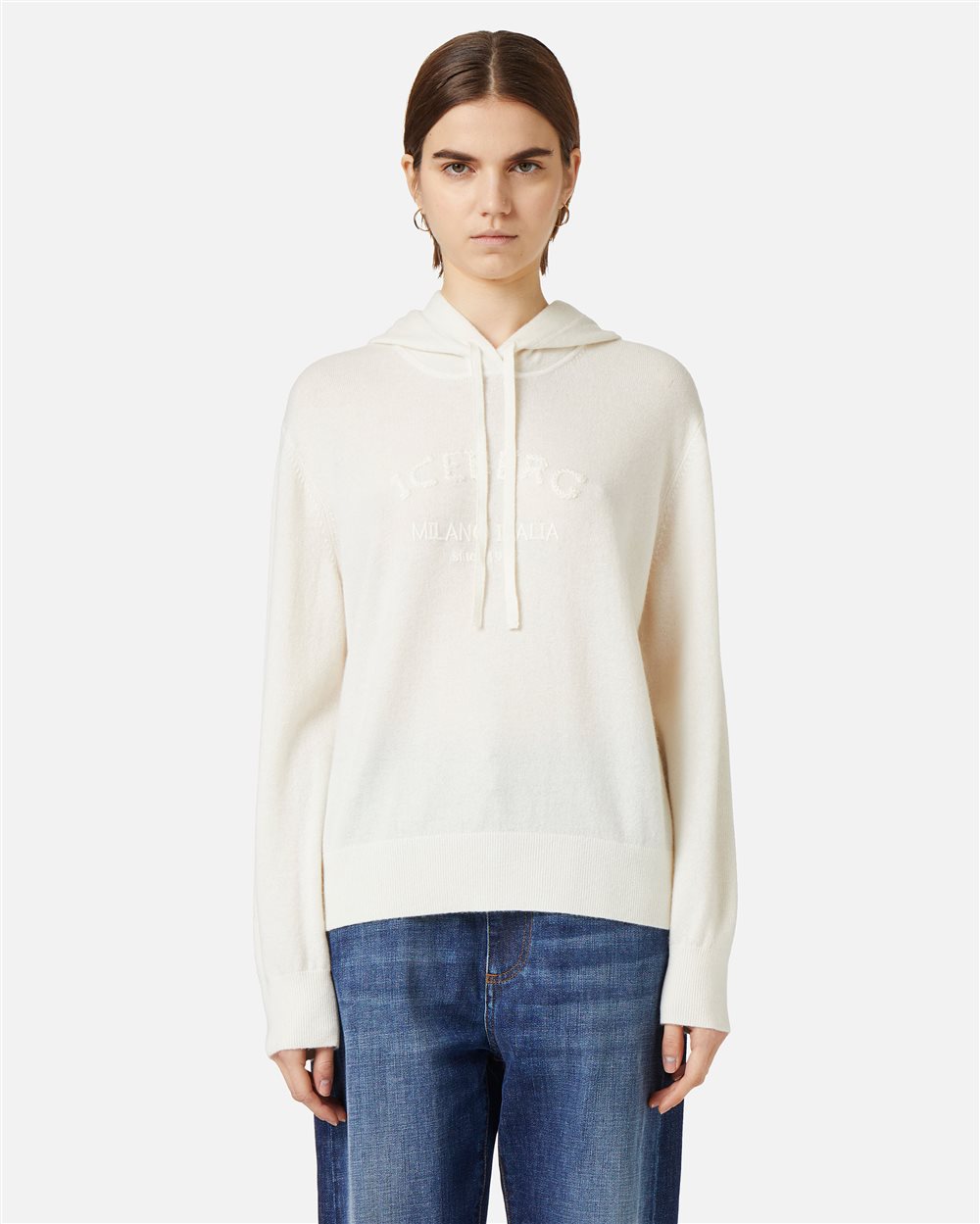 Milk-colored hooded sweater in cashmere wool - Iceberg - Official Website