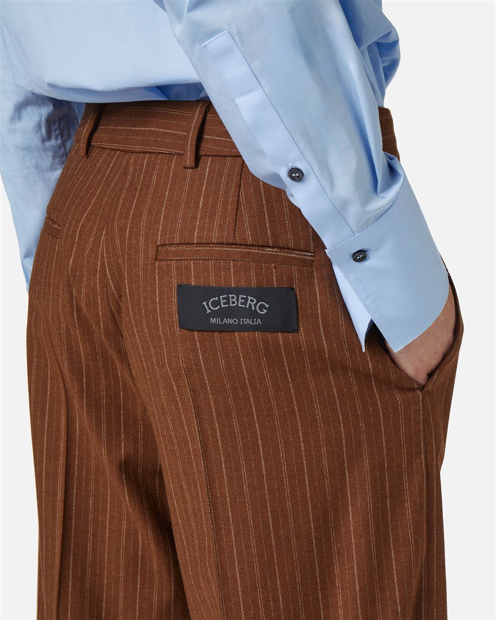 Comfort fit trousers with hazelnut bottom in wool-viscose pinstripe fabric - Iceberg - Official Website