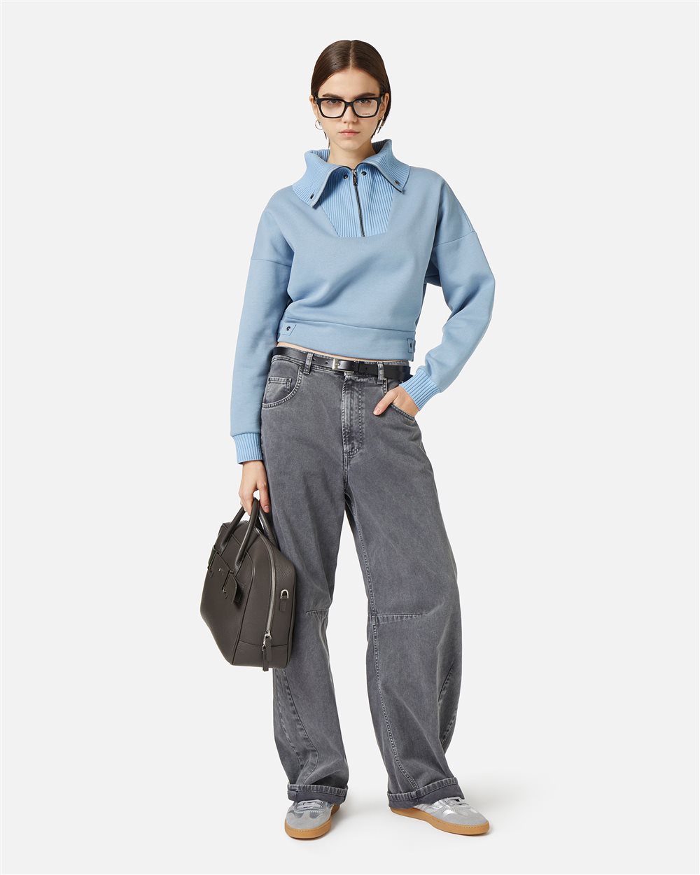 Cropped sweatshirt in sustainable brushed fabric with maxi knitted collar - Iceberg - Official Website