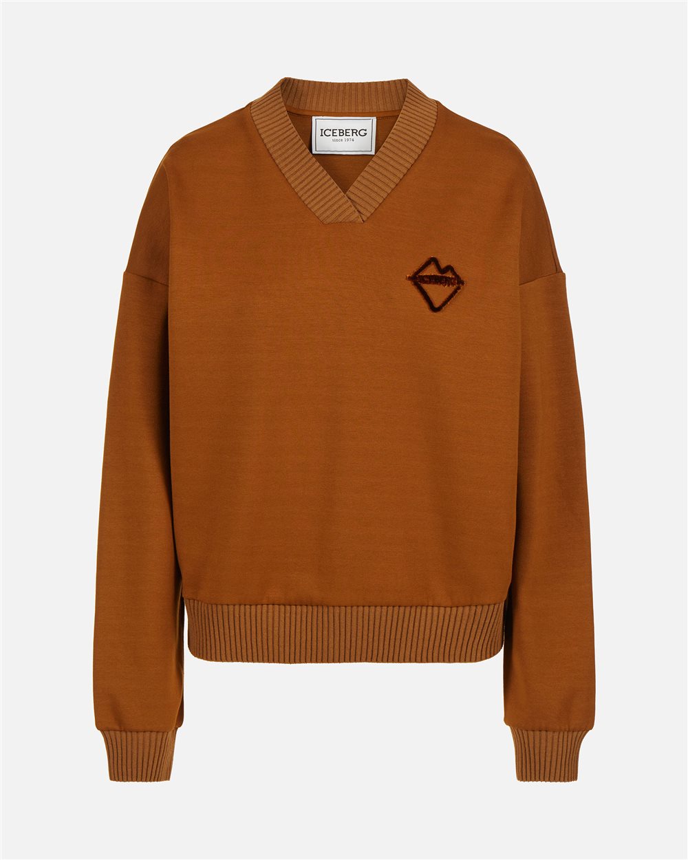 Felpa color nocciola con scollo a V e logo Iceberg in rilievo - Iceberg - Official Website