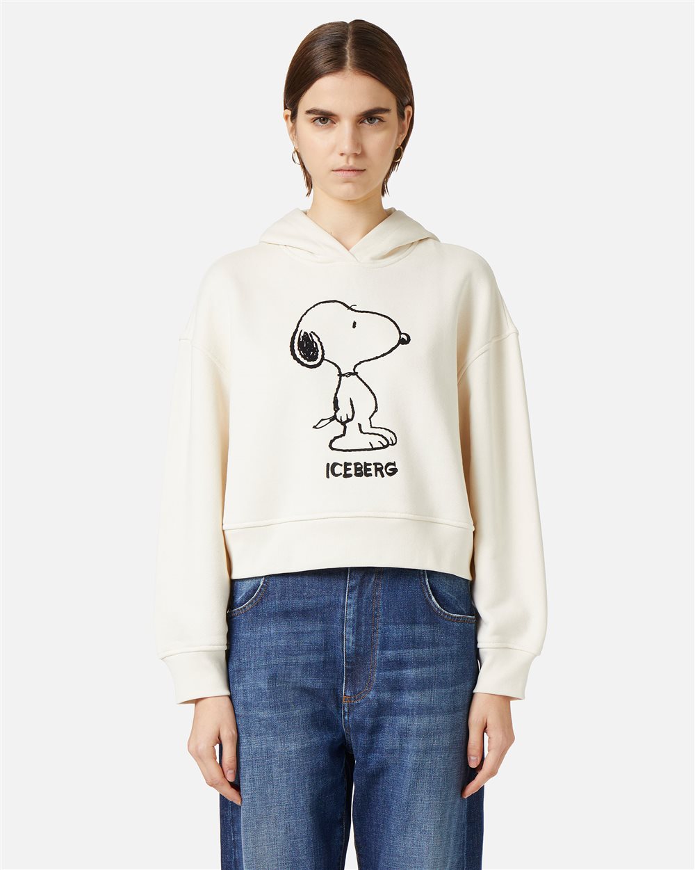 Vanilla cropped fit hoodie in cotton with embroidery - Iceberg - Official Website