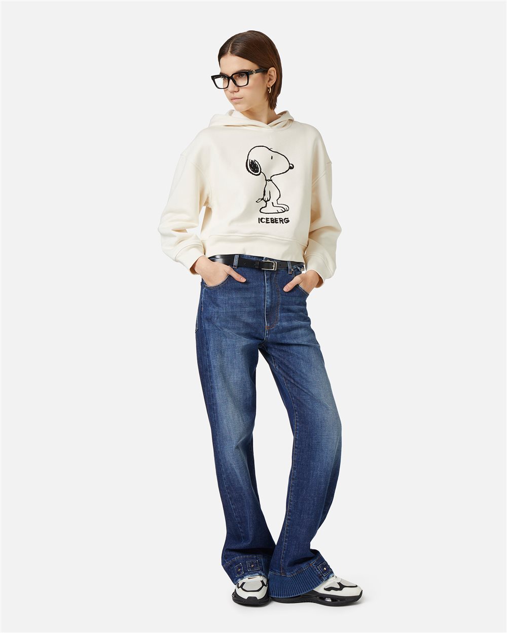 Vanilla cropped fit hoodie in cotton with embroidery - Iceberg - Official Website