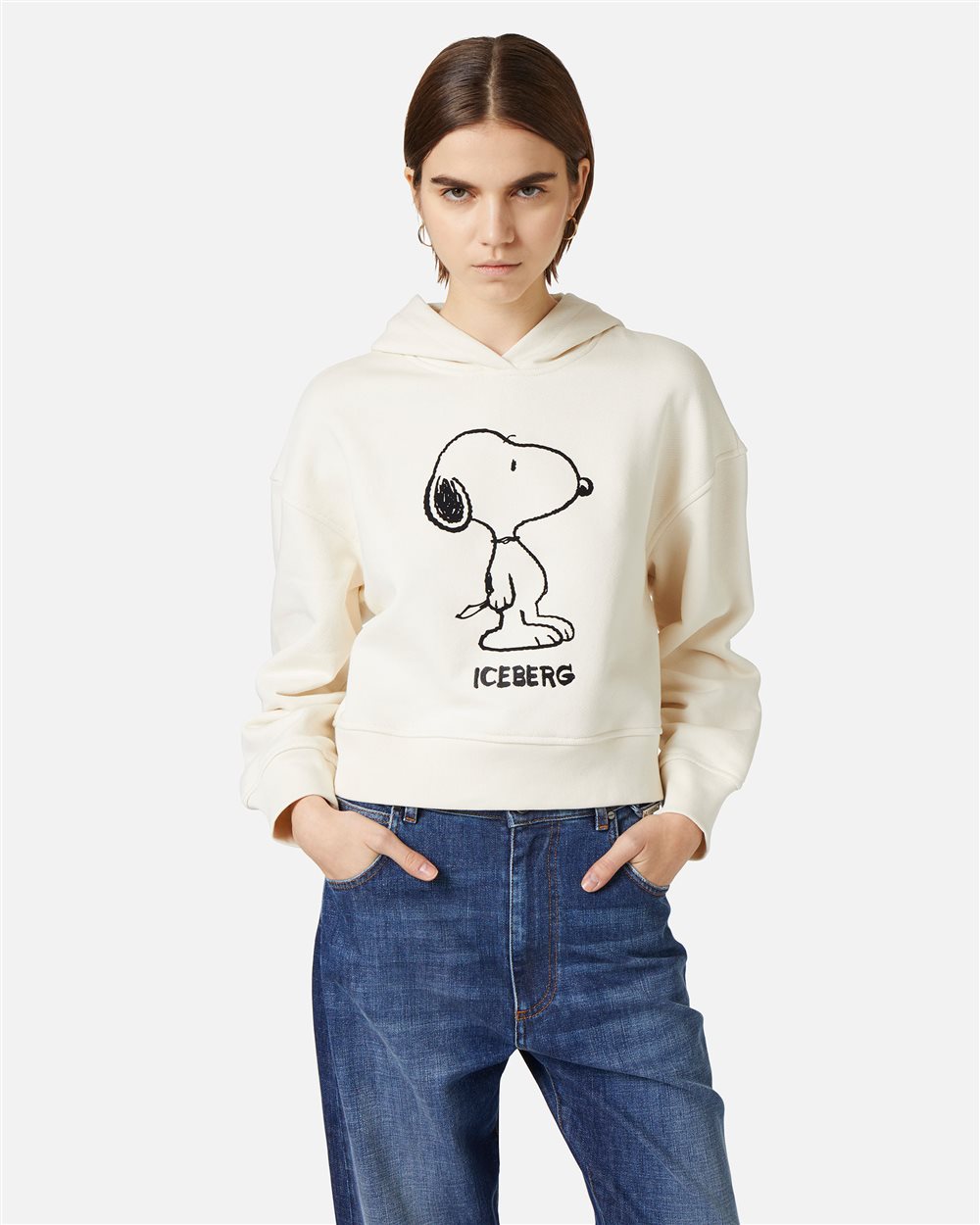 Vanilla cropped fit hoodie in cotton with embroidery - Iceberg - Official Website
