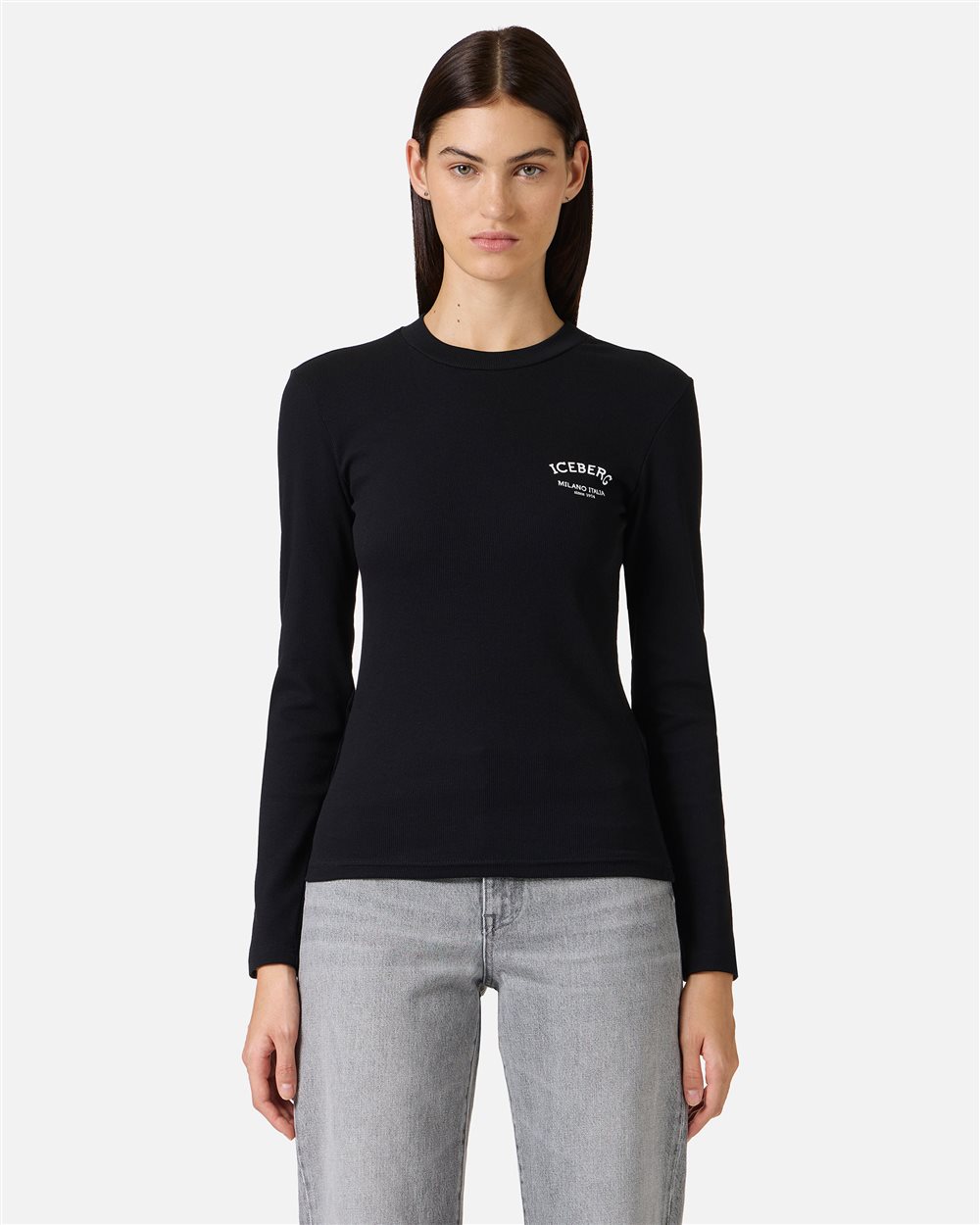 Black slim fit t-shirt in ribbed fabric with Snoopy patch and embroidered logo - Iceberg - Official Website