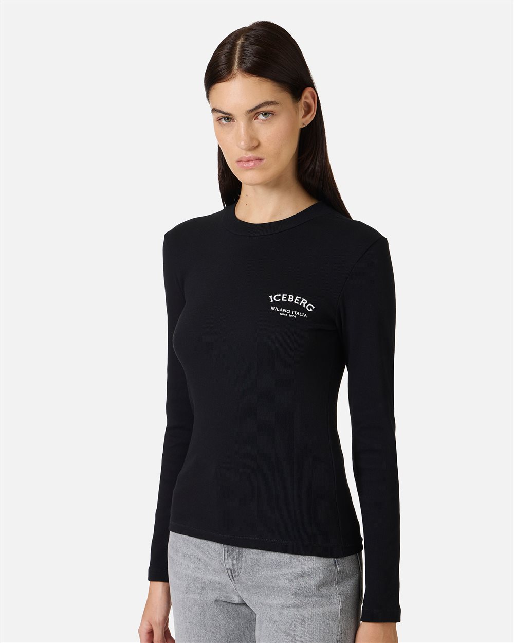 Black slim fit t-shirt in ribbed fabric with Snoopy patch and embroidered logo - Iceberg - Official Website