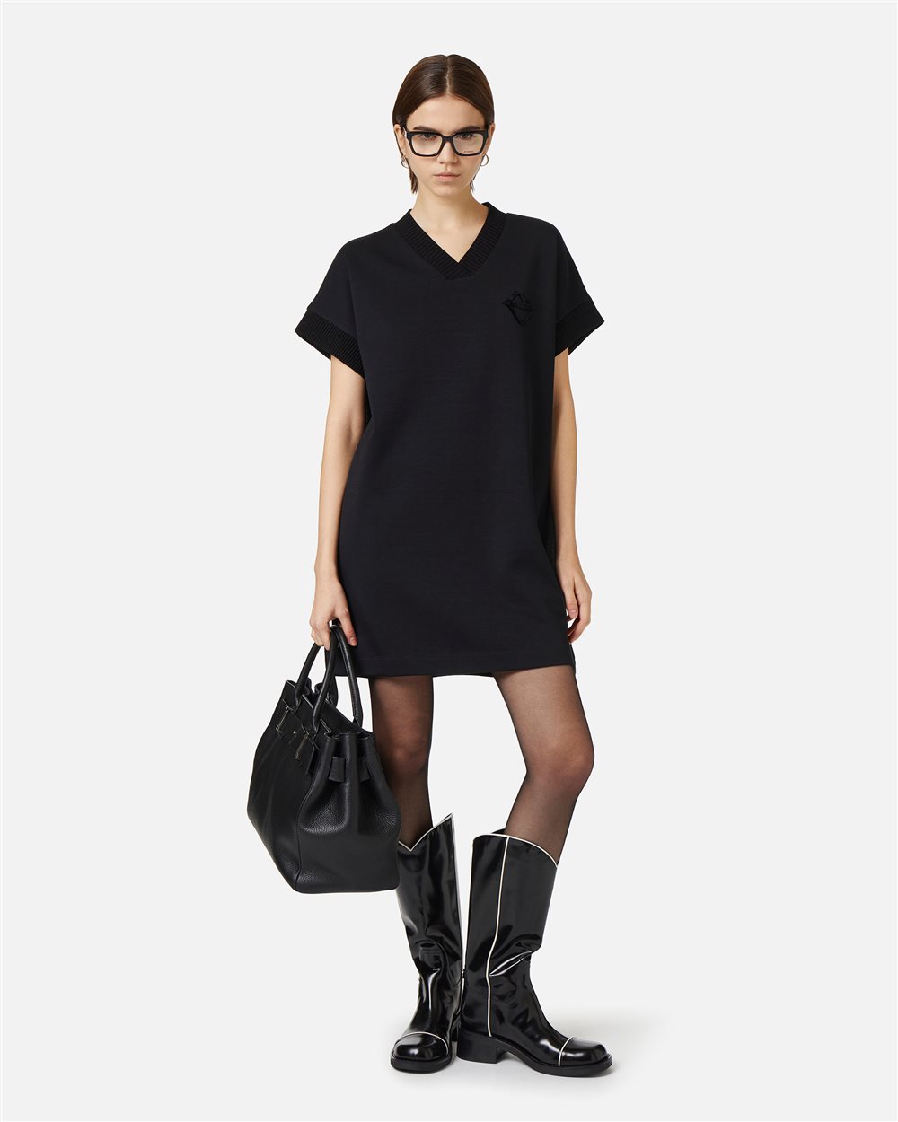 Black dress with V-neck and embossed Iceberg logo - Iceberg - Official Website