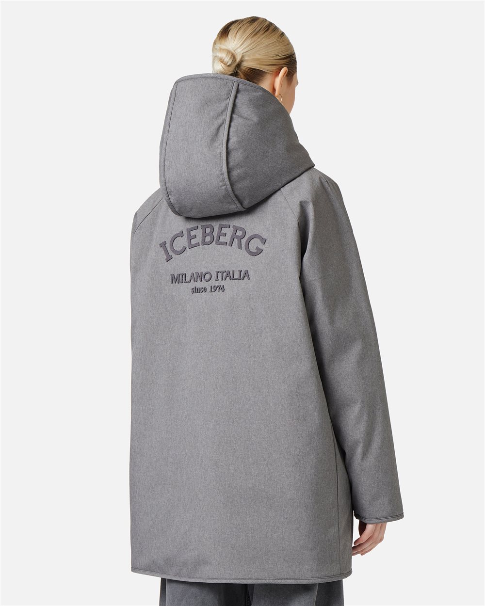 Grey melange nylon midi down jacket with real down padding - Iceberg - Official Website