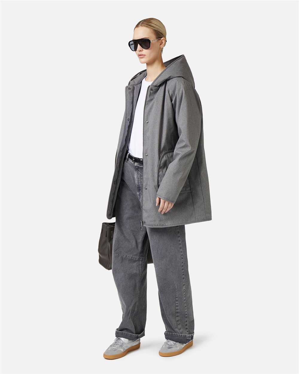 Grey melange nylon midi down jacket with real down padding - Iceberg - Official Website