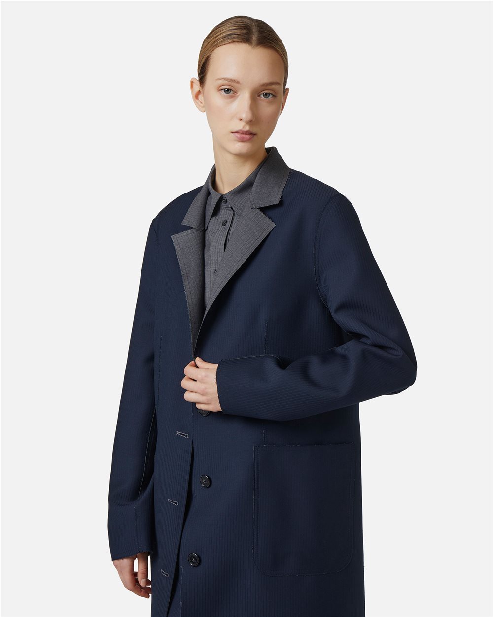 Reversible pinstripe coat in mouse grey with raw cut details - Iceberg - Official Website