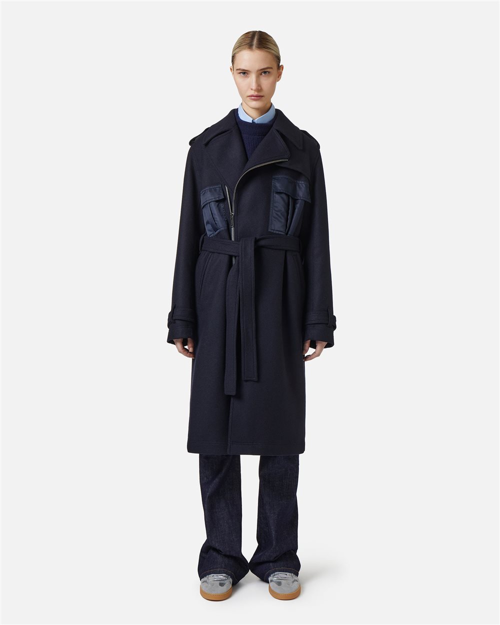 Comfort fit coat in very dark blue cloth with nylon details and logo zip - Iceberg - Official Website