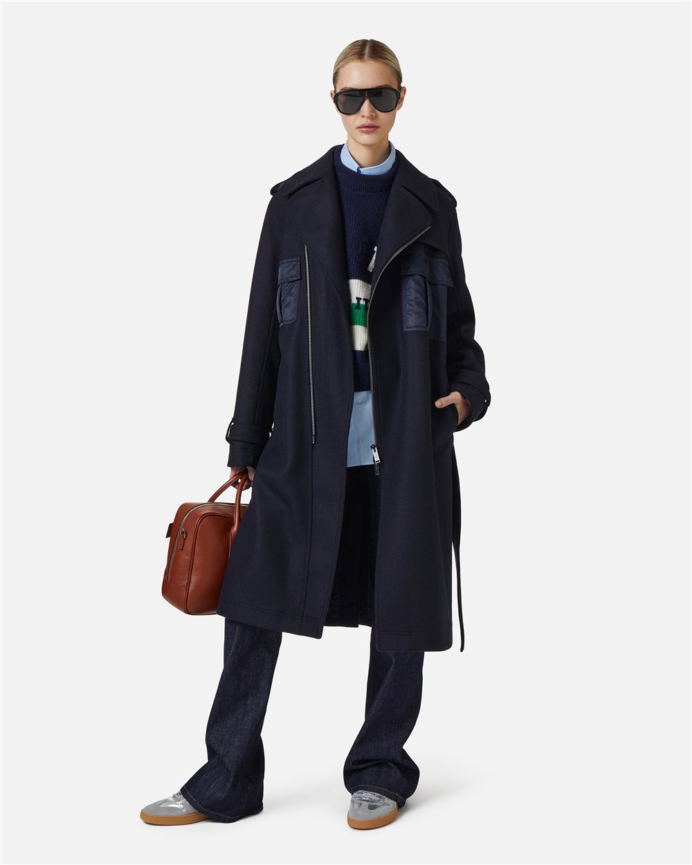 Comfort fit coat in very dark blue cloth with nylon details and logo zip - Iceberg - Official Website