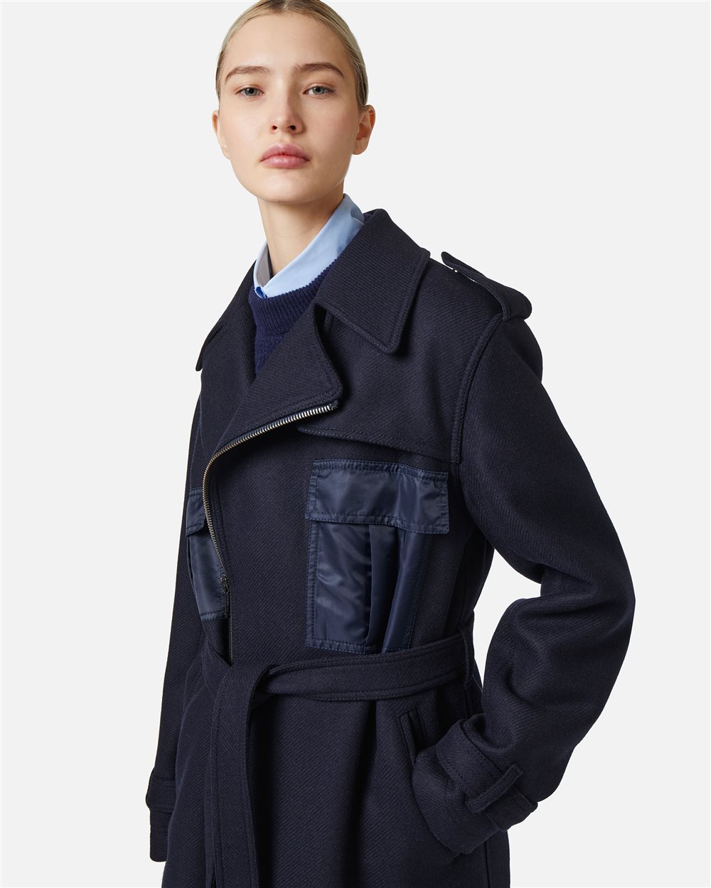 Comfort fit coat in very dark blue cloth with nylon details and logo zip - Iceberg - Official Website