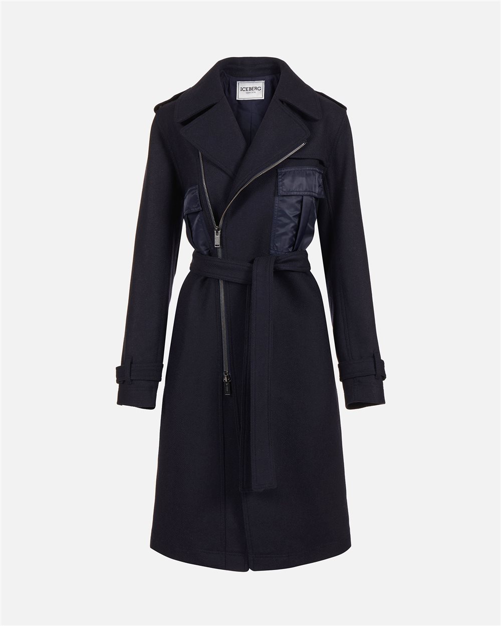 Comfort fit coat in very dark blue cloth with nylon details and logo zip - Iceberg - Official Website