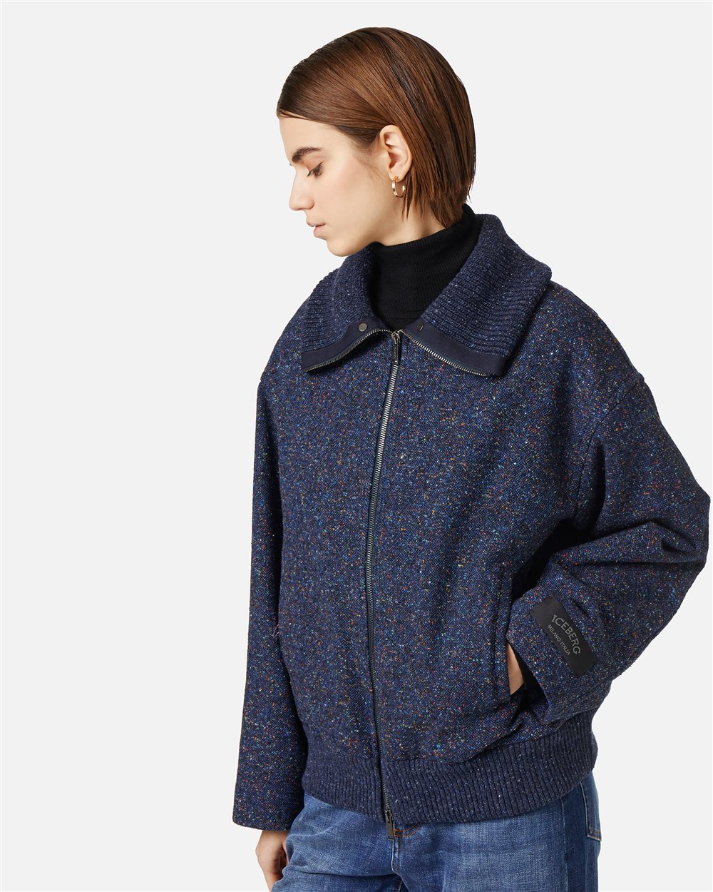 Comfort fit jacket in bouclé wool blend in a mix of blue - Iceberg - Official Website