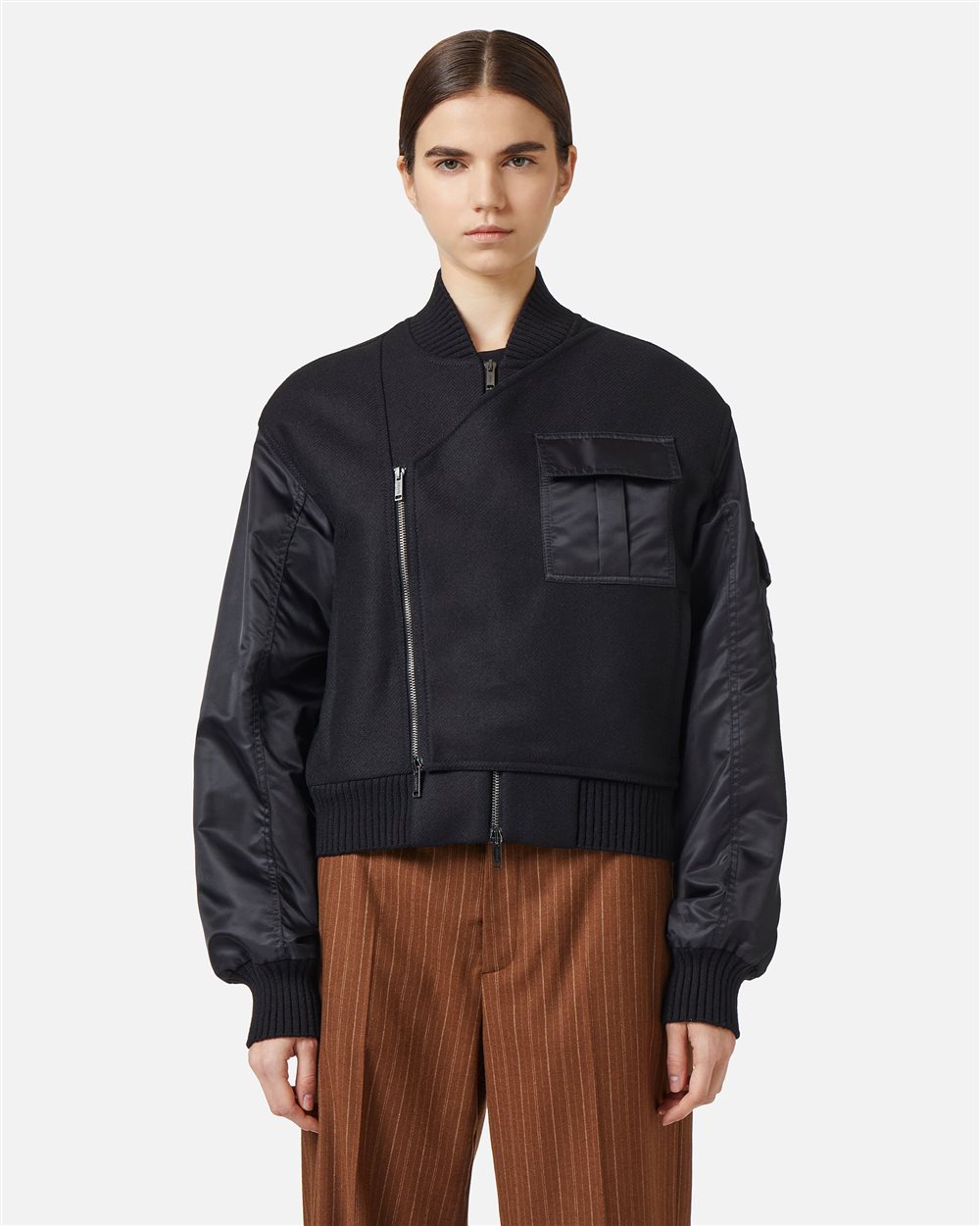 Comfort fit black jacket in cloth and nylon with logo zip and technical details - Iceberg - Official Website
