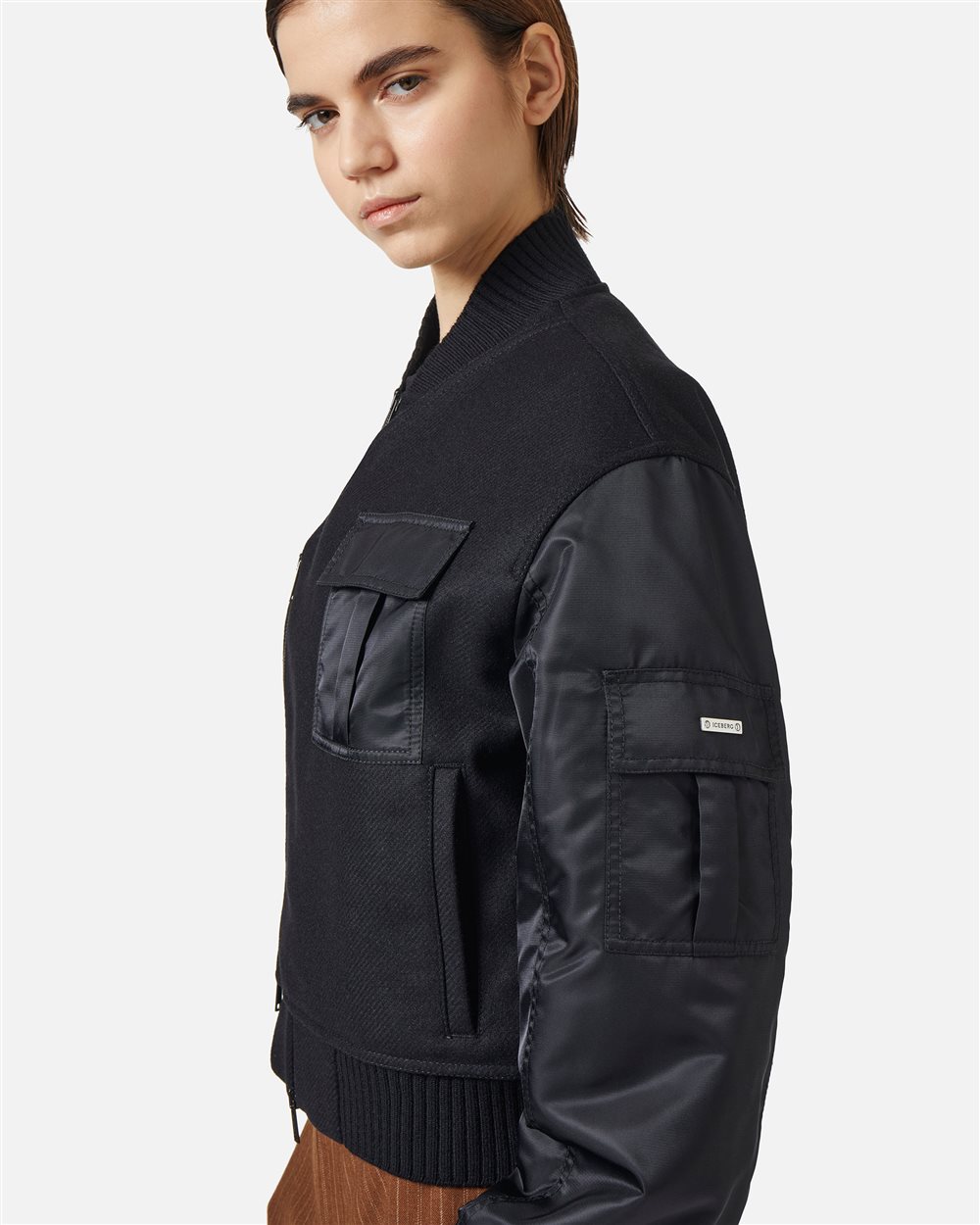 Comfort fit black jacket in cloth and nylon with logo zip and technical details - Iceberg - Official Website