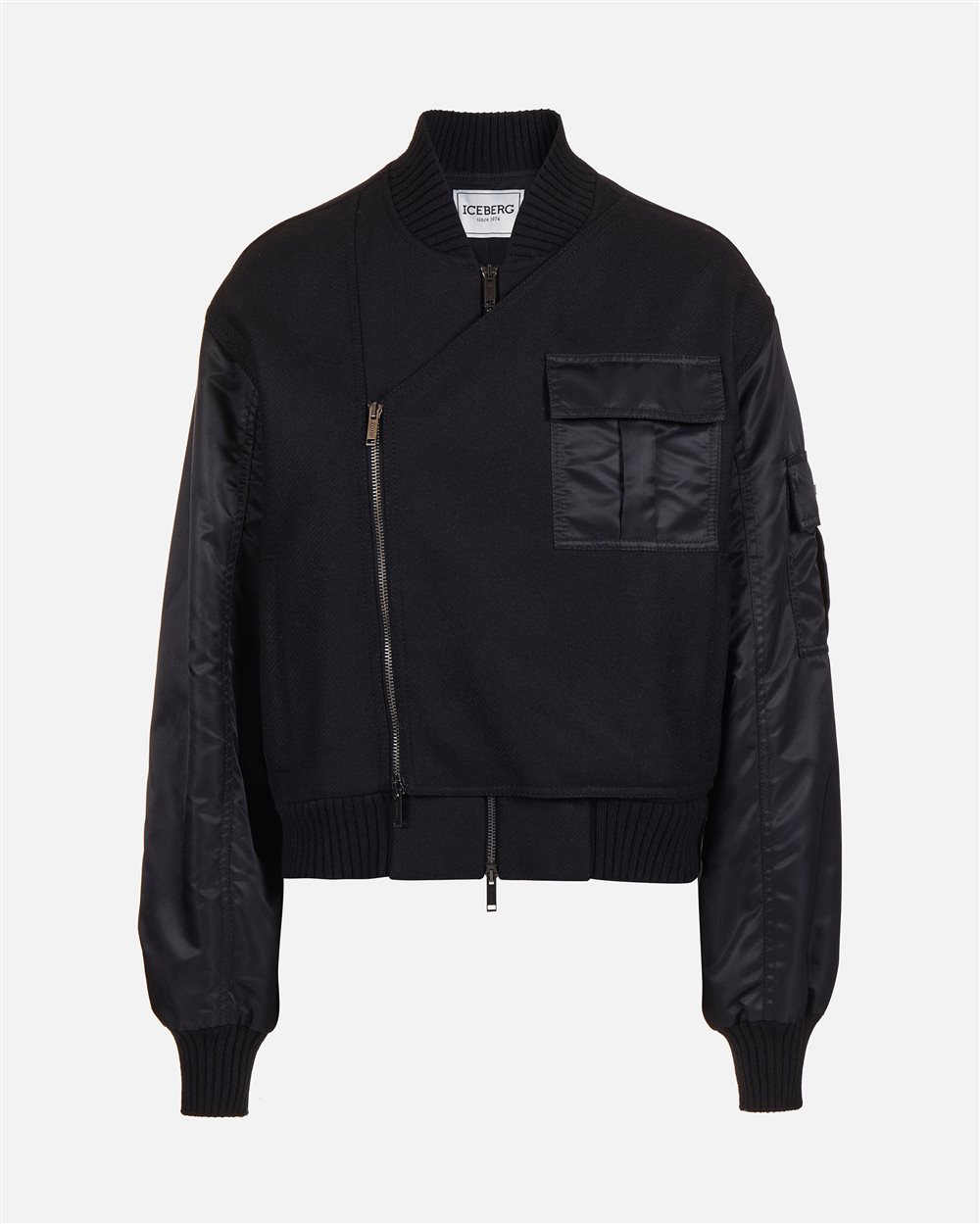 Comfort fit black jacket in cloth and nylon with logo zip and technical details - Iceberg - Official Website