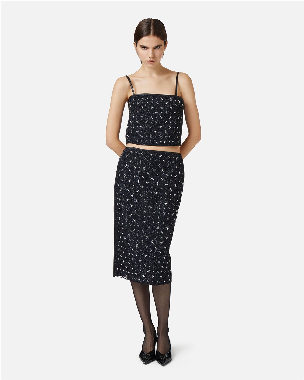 Cropped top with rhinestones and tulle, between sensuality and graphic statement - Iceberg - Official Website