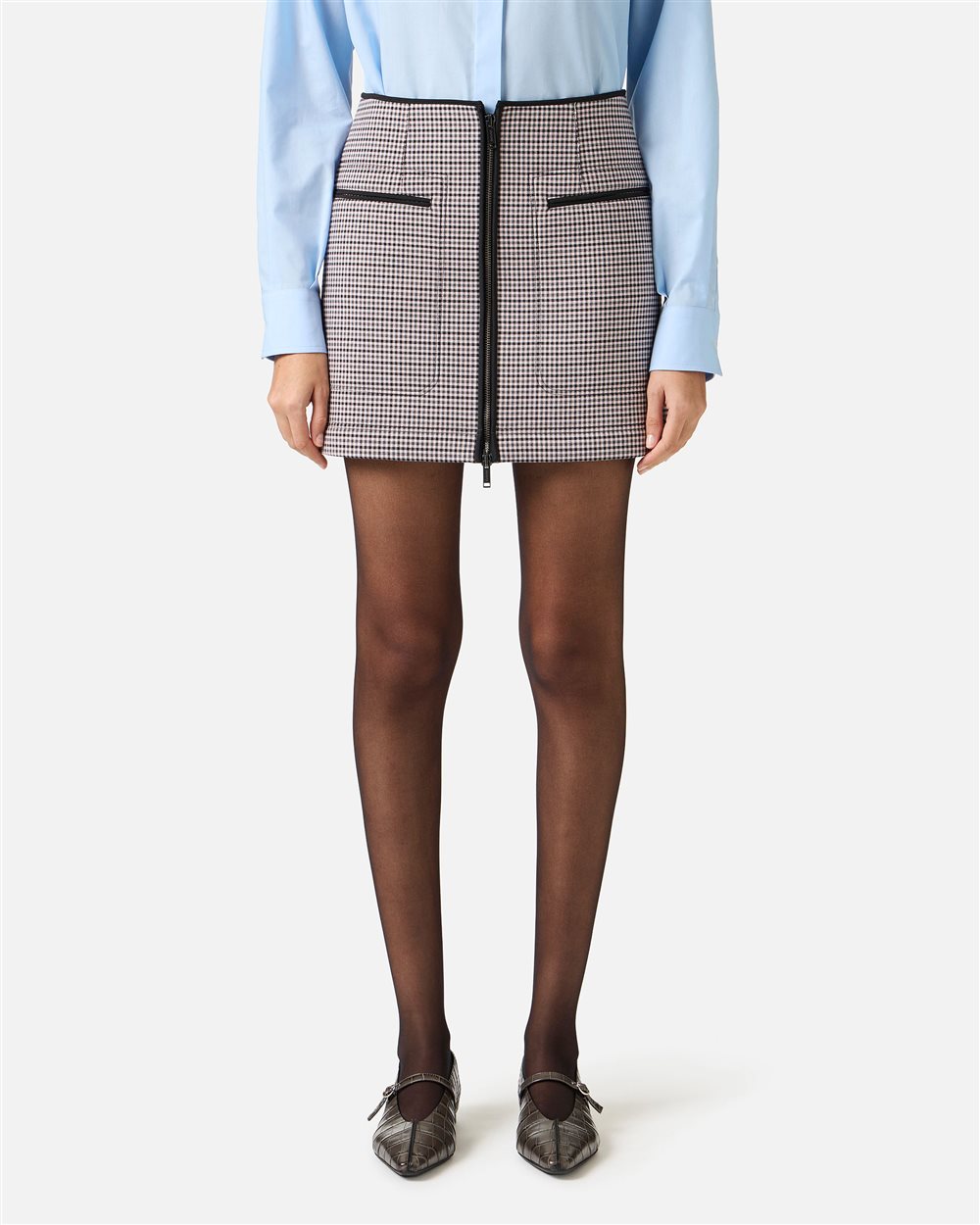 Regular-fit short skirt in check fabric and fuchsia and black neoprene - Iceberg - Official Website