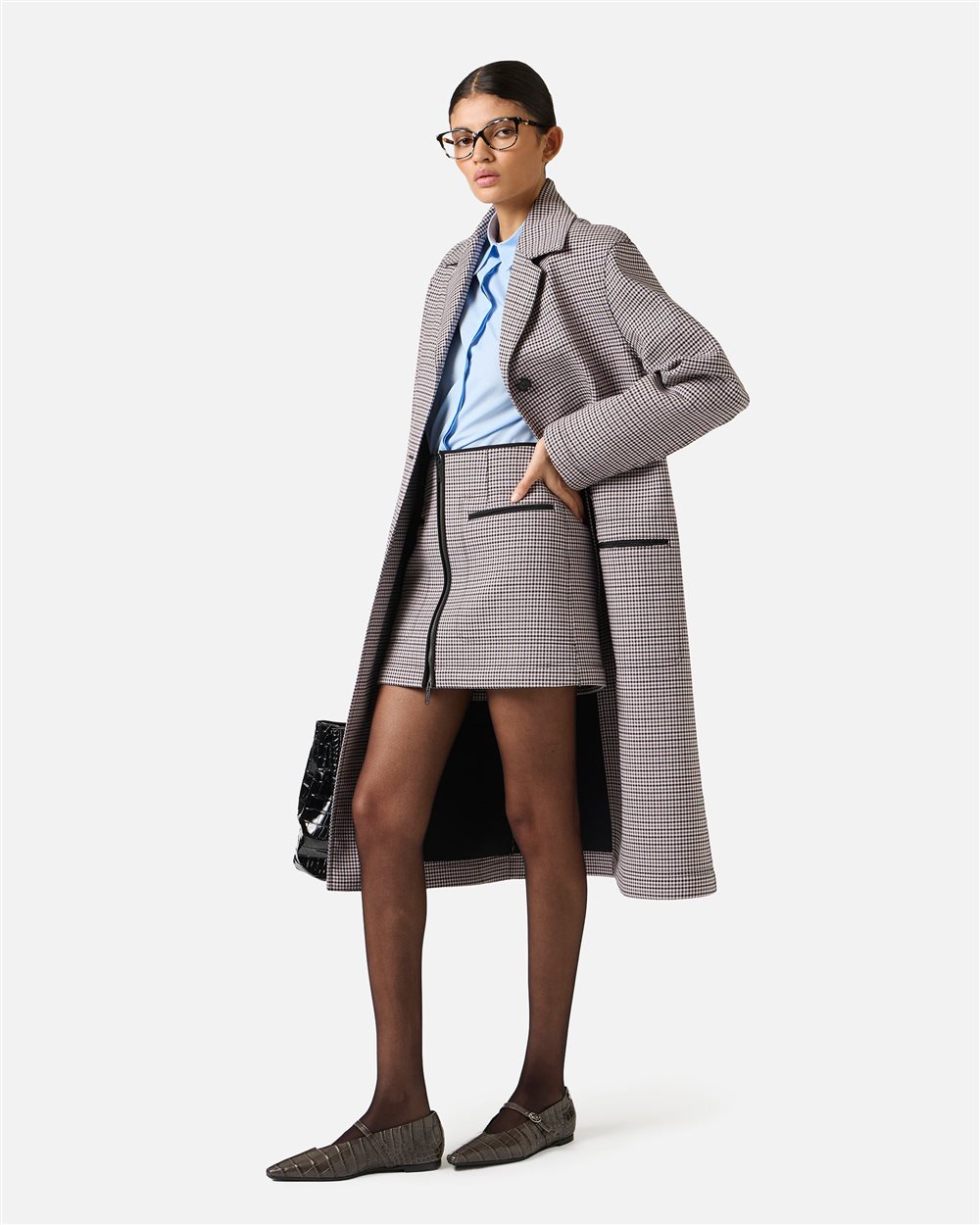Regular-fit short skirt in check fabric and fuchsia and black neoprene - Iceberg - Official Website