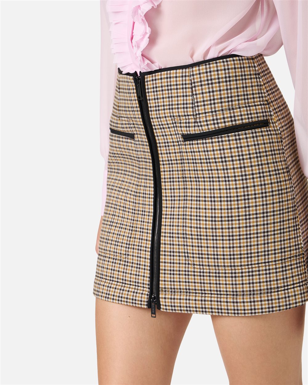 Regular-fit short skirt in check fabric and camel and brown neoprene - Iceberg - Official Website