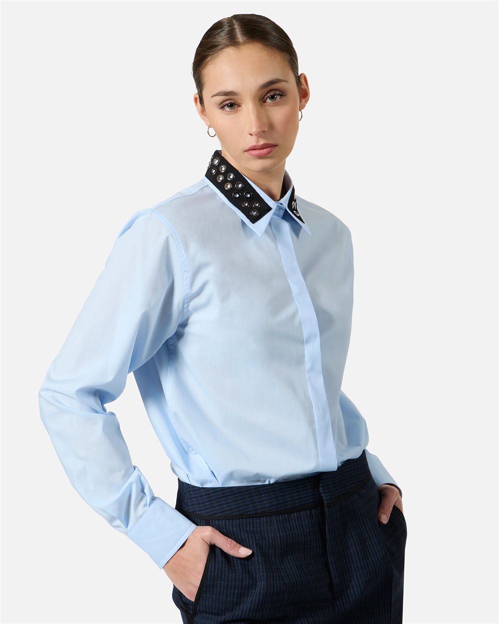 Comfort fit light blue shirt with grosgrain details - Iceberg - Official Website