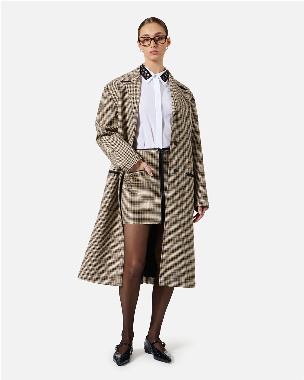 Oversized coat in camel and brown check fabric - Iceberg - Official Website