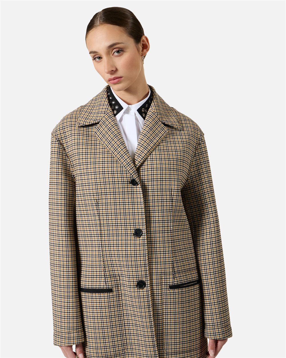 Oversized coat in camel and brown check fabric - Iceberg - Official Website