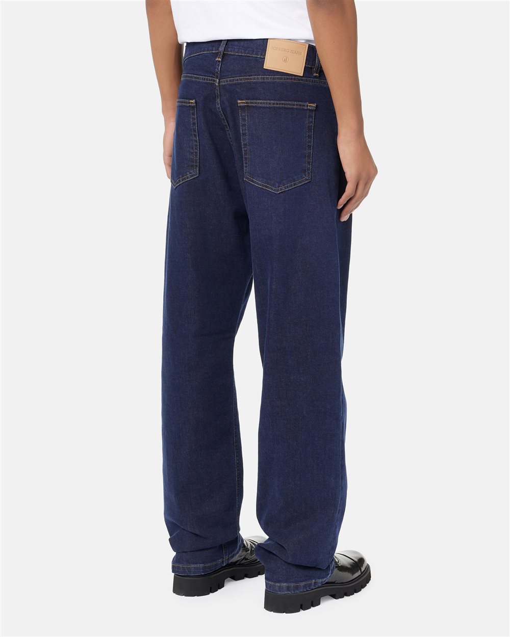 Baggy fit trousers in indigo blue stretch denim with logo details - Iceberg - Official Website