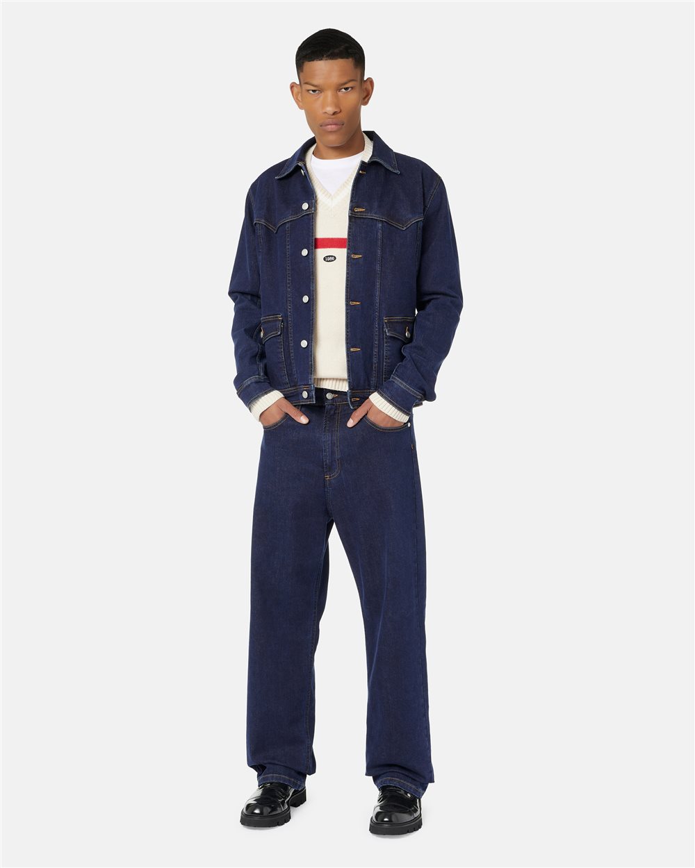 Baggy fit trousers in indigo blue stretch denim with logo details - Iceberg - Official Website