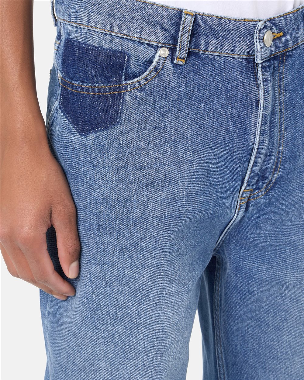 5-pocket straight-fit trousers in indigo stonewash denim with raw-edge details and Iceberg logo - Iceberg - Official Website
