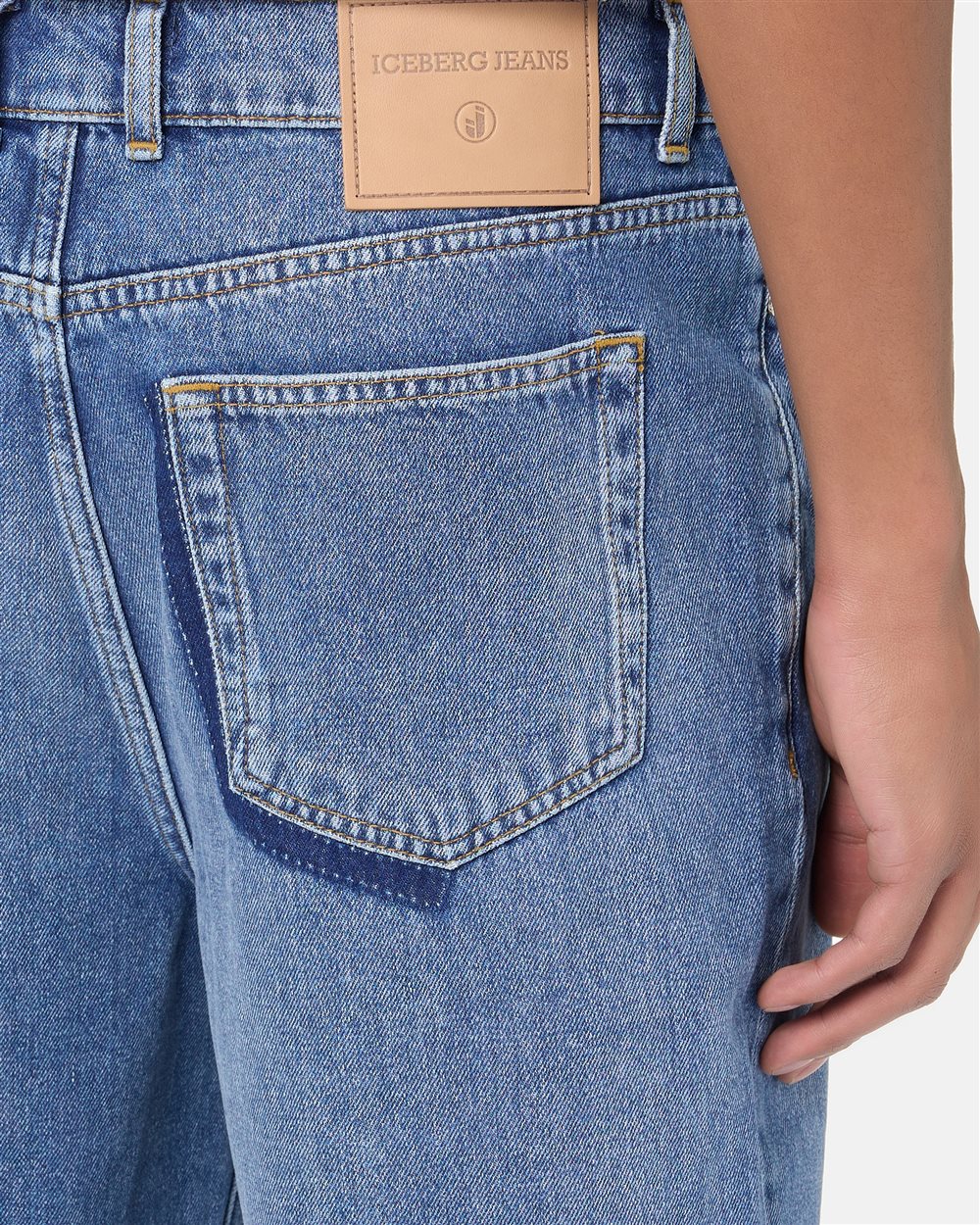 5-pocket straight-fit trousers in indigo stonewash denim with raw-edge details and Iceberg logo - Iceberg - Official Website