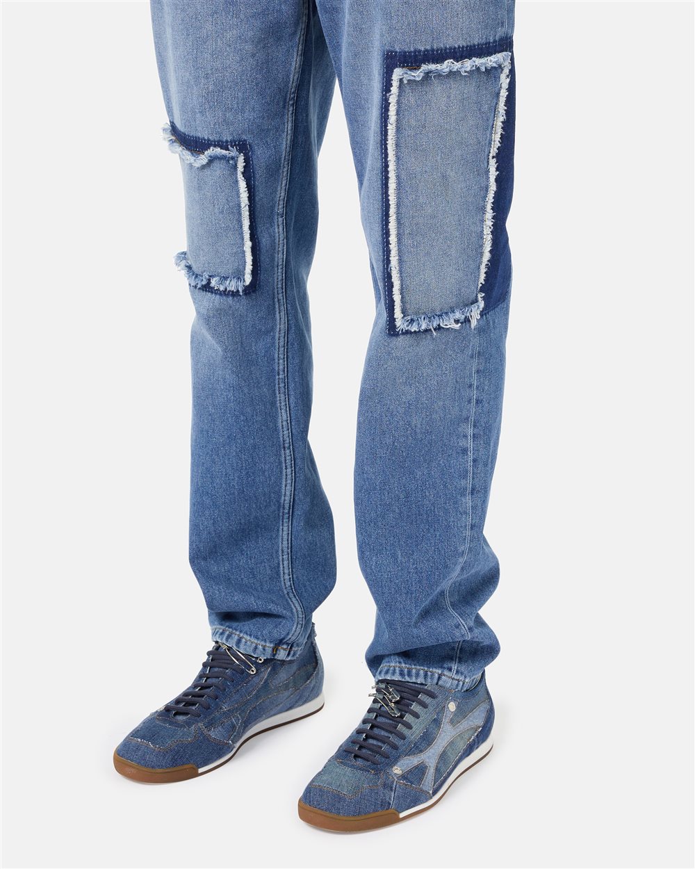 5-pocket straight-fit trousers in indigo stonewash denim with raw-edge details and Iceberg logo - Iceberg - Official Website