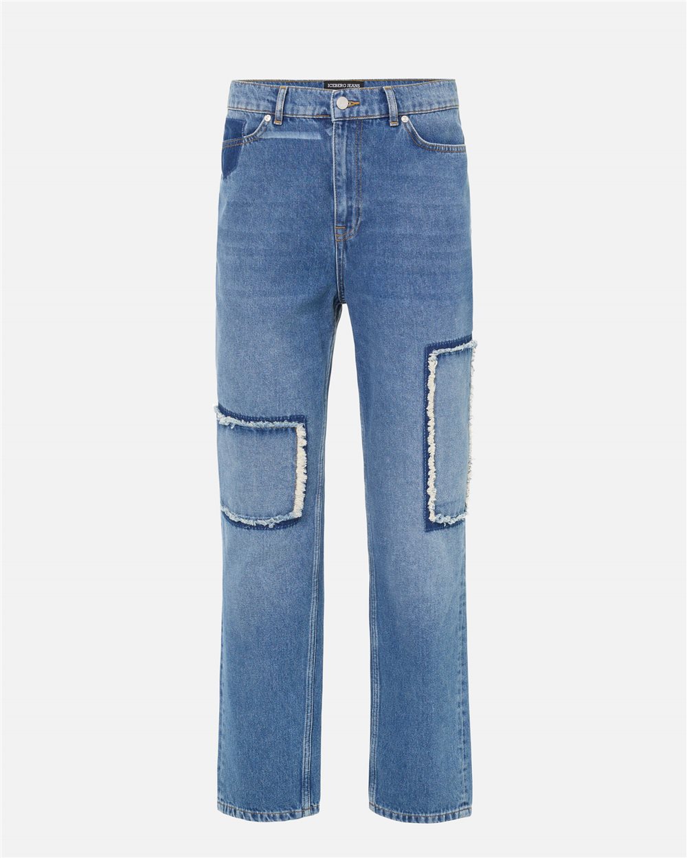 5-pocket straight-fit trousers in indigo stonewash denim with raw-edge details and Iceberg logo - Iceberg - Official Website