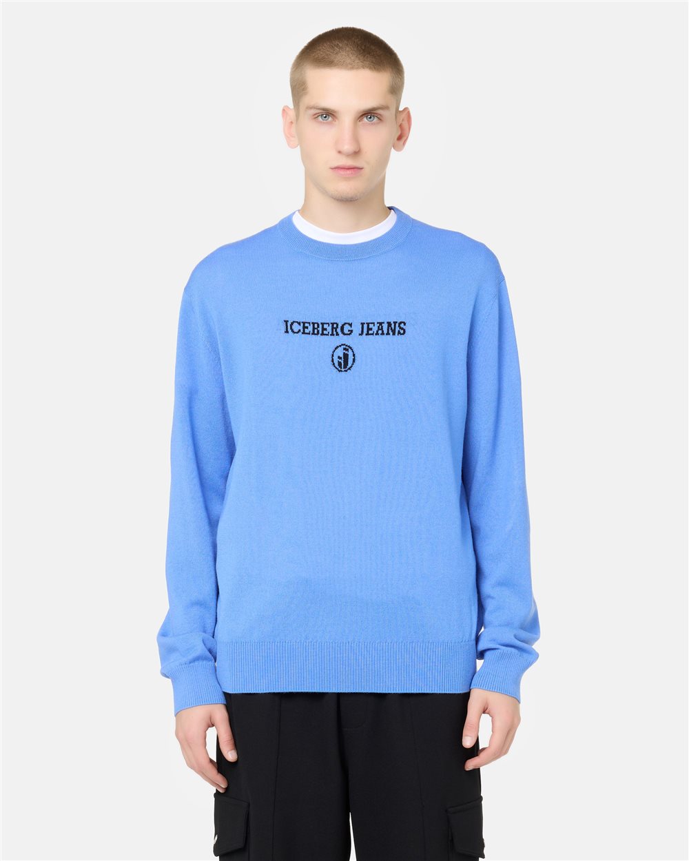 Bluette crew neck sweater in plain knit with tonal Iceberg logo - Iceberg - Official Website