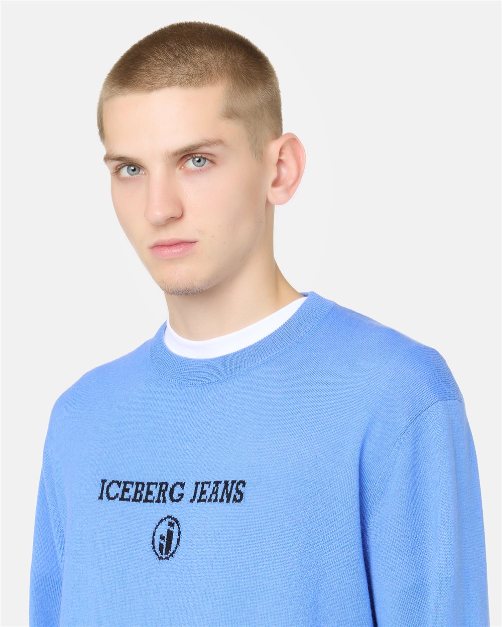 Bluette crew neck sweater in plain knit with tonal Iceberg logo - Iceberg - Official Website
