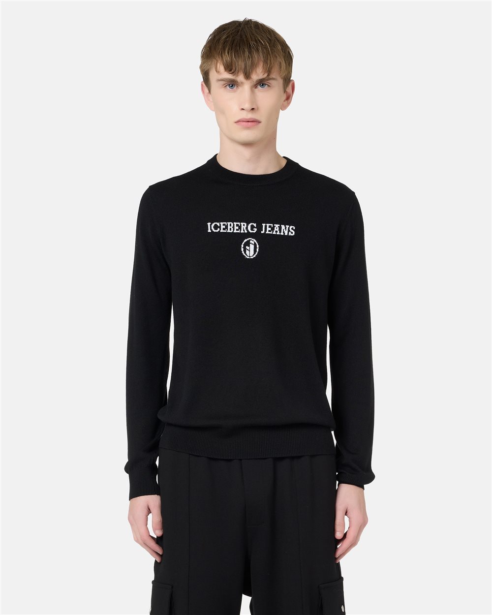 Black crewneck sweater in plain knit with tonal Iceberg logo - Iceberg - Official Website