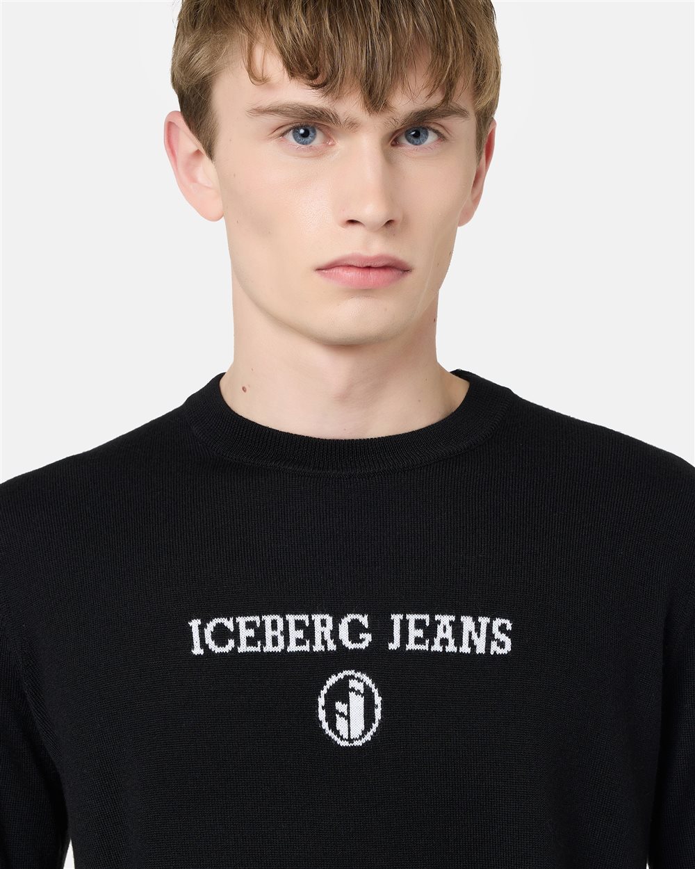 Black crewneck sweater in plain knit with tonal Iceberg logo - Iceberg - Official Website