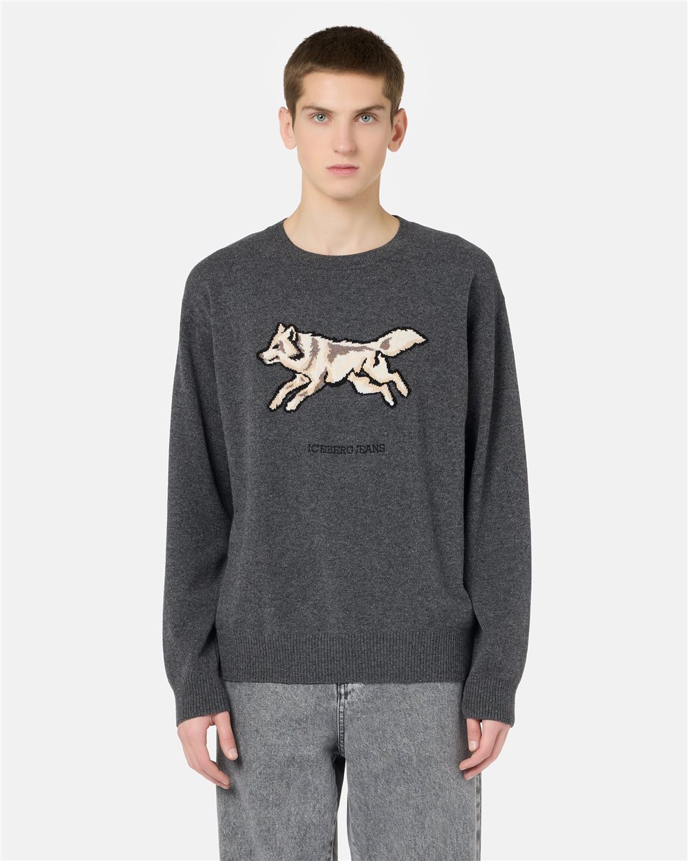 Lead grey crewneck sweater in wool-cashmere blend knit with wolf inlay and Iceberg logo embroidery - Iceberg - Official Website
