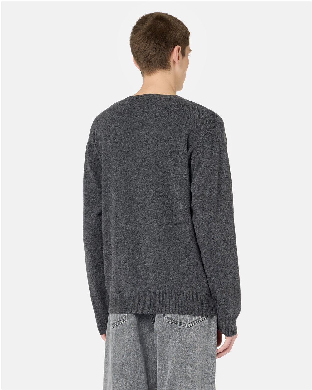 Lead grey crewneck sweater in wool-cashmere blend knit with wolf inlay and Iceberg logo embroidery - Iceberg - Official Website