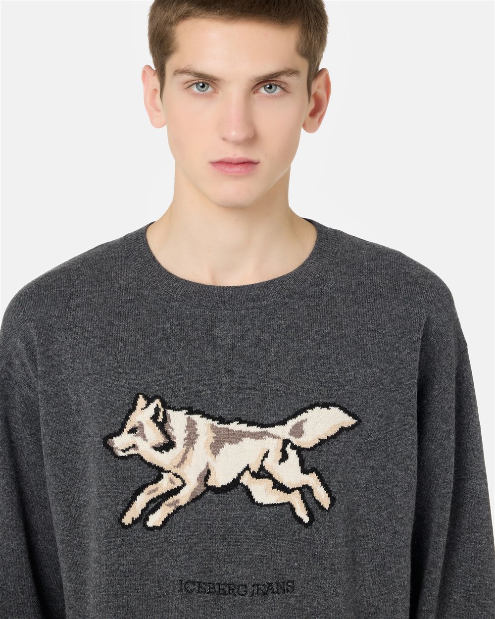 Lead grey crewneck sweater in wool-cashmere blend knit with wolf inlay and Iceberg logo embroidery - Iceberg - Official Website
