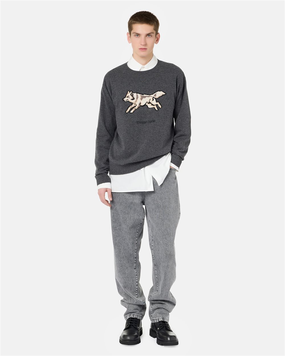Lead grey crewneck sweater in wool-cashmere blend knit with wolf inlay and Iceberg logo embroidery - Iceberg - Official Website