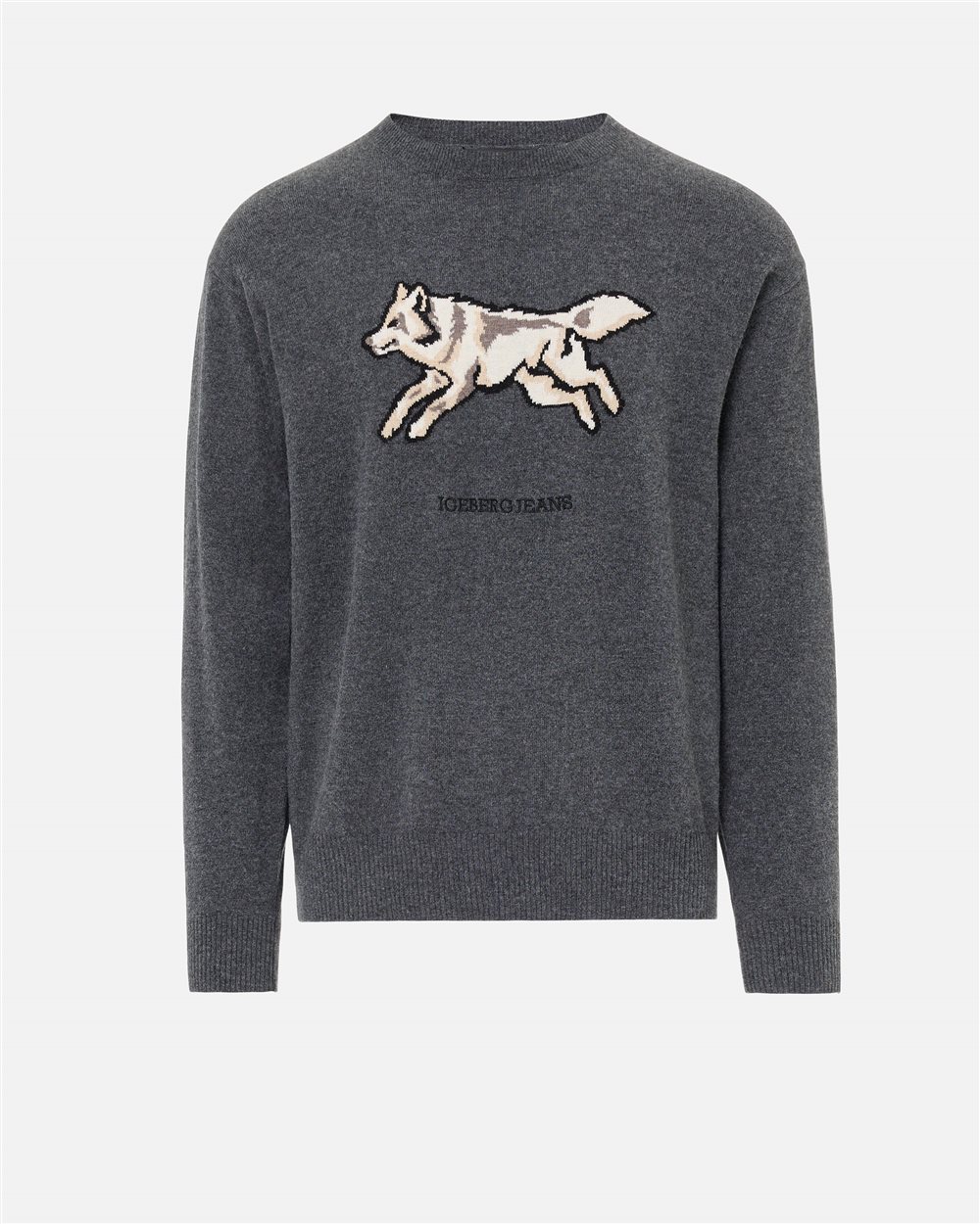 Lead grey crewneck sweater in wool-cashmere blend knit with wolf inlay and Iceberg logo embroidery - Iceberg - Official Website