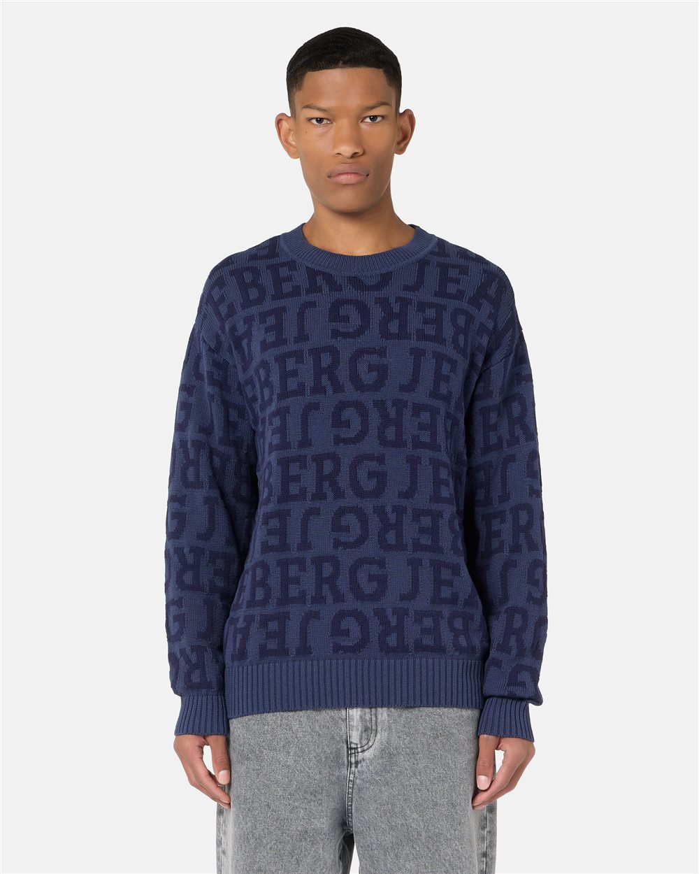 Regular fit blue crew neck sweater in pure cotton with denim-effect logo inlay - Iceberg - Official Website